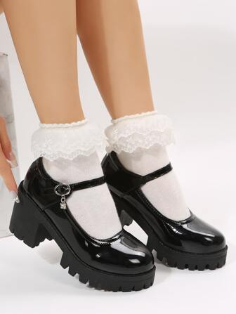 秋冬新款时尚象牙白圆头粗跟女式高跟鞋，优雅玛丽珍鞋，派对鞋