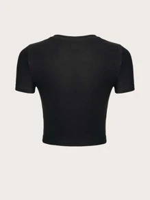 Jelsie Artist Skeleton Print Graphic Crop Tee, For Summer, Holiday, Vacation, Festival - Black - View 2