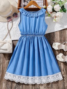 Chicas Vestido ribete con fruncido con encaje en contraste - Azul - Ver 1