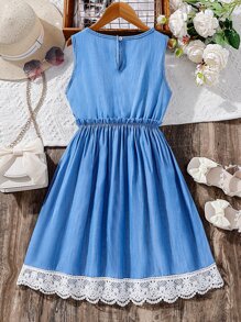 Chicas Vestido ribete con fruncido con encaje en contraste - Azul - Ver 2