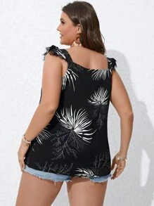 Breezaya Plus Floral Print Contrast Lace Top - Black - View 2