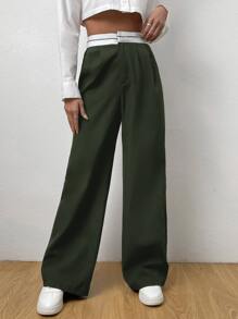 Muchica Quần nữ Dây kéo Khối Màu Giải trí - xanh quân đội - Xem 3