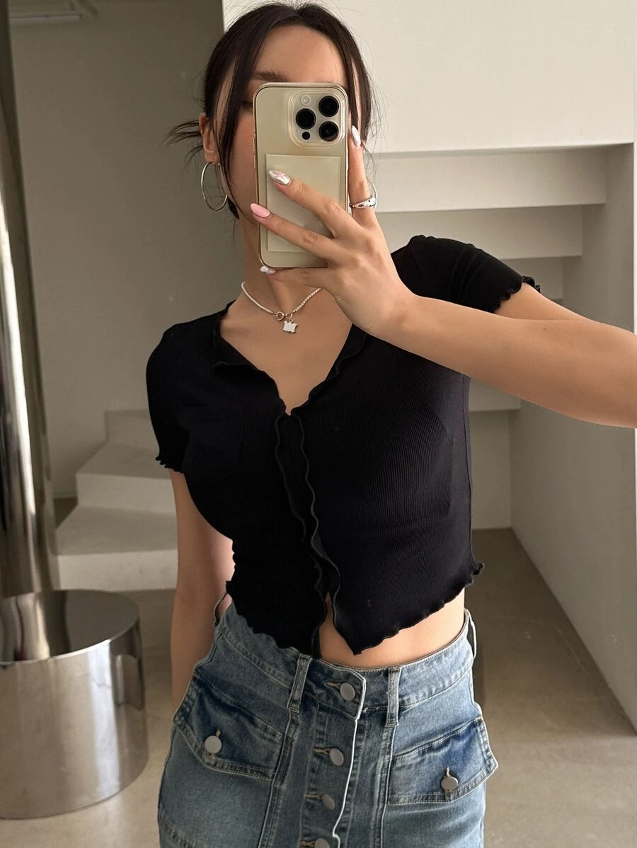 DAZY Áo thun nữ Xù nhỏ Túi màu trơn Giải trí - màu đen - Xem 1