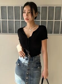 DAZY Áo thun nữ Xù nhỏ Túi màu trơn Giải trí - màu đen - Xem 3