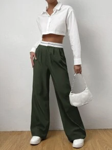 Muchica Quần nữ Dây kéo Khối Màu Giải trí - xanh quân đội - Xem 6