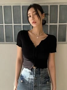 DAZY Áo thun nữ Xù nhỏ Túi màu trơn Giải trí - màu đen - Xem 4