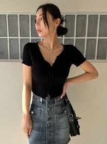 DAZY Áo thun nữ Xù nhỏ Túi màu trơn Giải trí - màu đen - Xem 5