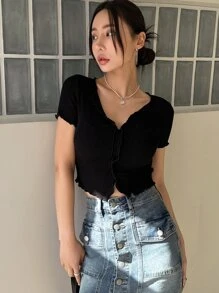 DAZY Áo thun nữ Xù nhỏ Túi màu trơn Giải trí - màu đen - Xem 6