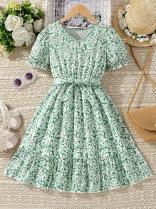 SHEIN 女孩碎花泡泡袖荷葉邊繫腰帶洋裝