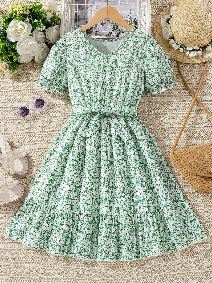 SHEIN 女孩碎花泡泡袖荷葉邊繫腰帶洋裝