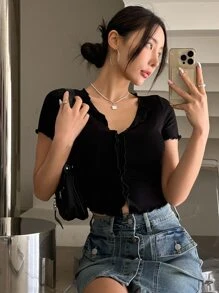 DAZY Áo thun nữ Xù nhỏ Túi màu trơn Giải trí - màu đen - Xem 8