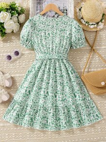 SHEIN 女孩碎花泡泡袖荷葉邊繫腰帶洋裝