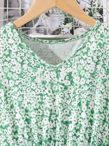 SHEIN 女孩碎花泡泡袖荷葉邊繫腰帶洋裝