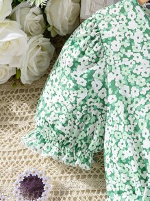 SHEIN 女孩碎花泡泡袖荷葉邊繫腰帶洋裝