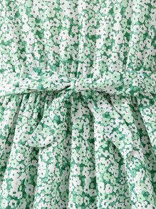 SHEIN 女孩碎花泡泡袖荷葉邊繫腰帶洋裝