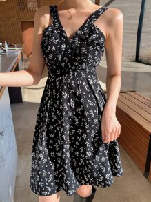 DAZY 碎花後拉鏈吊帶連衣裙 - 黑色 - 查看 2