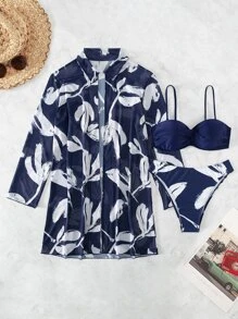 SHEIN Swim Lushore Conjunto de bikini bandeau con estampado de plantas y push up de 3 piezas, ideal para verano en la playa - Azul y blanco - Ver 5