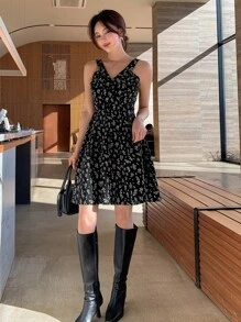 DAZY 碎花後拉鏈吊帶連衣裙 - 黑色 - 查看 4