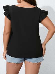 SHEIN LUNE 大碼半拉鏈荷葉邊蝴蝶袖O形環細節襯衫 - 黑色 - 查看 2