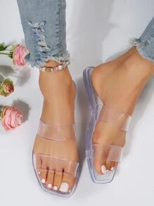 Women Double Clear Strap Open Toe Slides Fashion Outdoor Slides - Clear - View 4