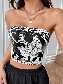 SHEIN EZwear 人像圖案抹胸上衣 - 黑與白 - 查看 1