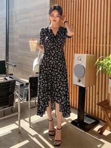 DAZY Đầm Thắt nút Trọn gói Họa tiết hoa Boho - màu đen - Xem 2