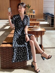 DAZY Đầm Thắt nút Trọn gói Họa tiết hoa Boho - màu đen - Xem 5