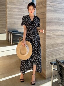 DAZY Đầm Thắt nút Trọn gói Họa tiết hoa Boho - màu đen - Xem 8