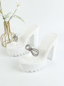 女士蝴蝶結裝飾PVC粗跟時尚涼鞋 - 無色 - 查看 2