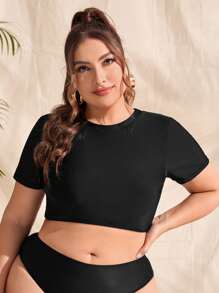 SHEIN Swim Curve 大碼素色短袖後背繫帶坦基尼上衣 - 黑色 - 查看 2