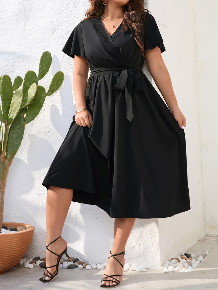 Flirla Plus Solid Belted A-line Dress - Black - View 1