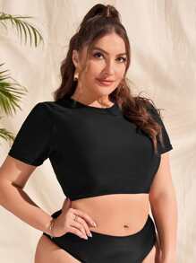 SHEIN Swim Curve 大碼素色短袖後背繫帶坦基尼上衣 - 黑色 - 查看 5