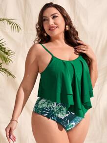 Cộng với kích thước nhiệt đới In xếp lớp Ruffle Trim Tankini Bãi biển mùa hè - Màu xanh lá cây đậm - Xem 4