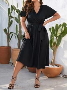 Flirla Plus Solid Belted A-line Dress - Black - View 6