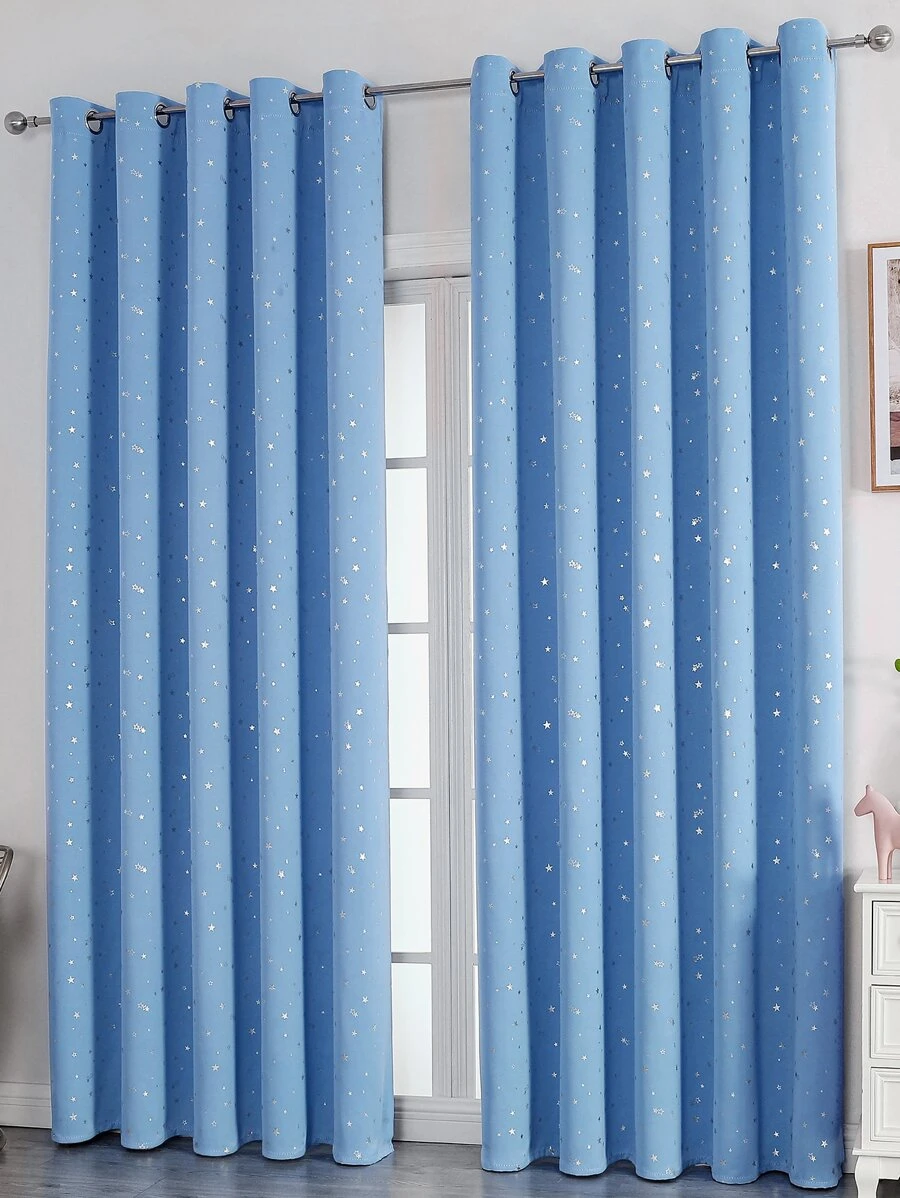 Tirai Pemadaman Panel Tunggal Pola Bintang, Tirai Pemadaman Poliester Biru Modern Untuk Kamar Tidur Dan Ruang Tamu - Biru - View 1