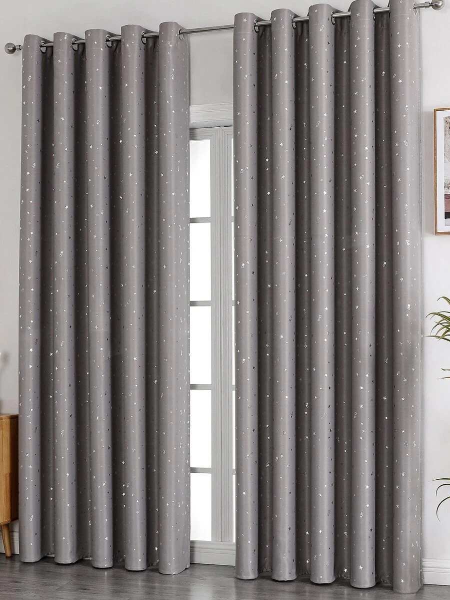 1pc Silver Printing Starry Polyester Blackout Curtain Panel For Bedroom And Living Room, Festive Use - Grey - View 1