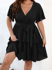 Flirla Plus Butterfly Sleeve Two Layer Hem Belted Dress - Black - View 1