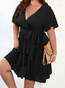 Flirla Plus Butterfly Sleeve Two Layer Hem Belted Dress - Black - View 4