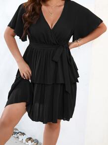 Flirla Plus Butterfly Sleeve Two Layer Hem Belted Dress - Black - View 5