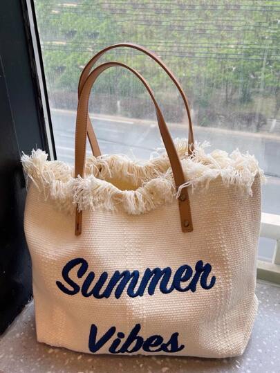 Fashionable,Minimalist,Casual,Letter Embroidered Fringe Trim Shopper Bag For Girl,Teen Girls,School Bag,Large Capacity,Portable,For Teen Girls Women College Students,White-Collar Workers,Perfect For Work,Back To School,Middle School,High School,College,Vacation