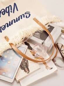 Fashionable,Minimalist,Casual,Letter Embroidered Fringe Trim Shopper Bag For Girl,Teen Girls,School Bag,Large Capacity,Portable,For Teen Girls Women College Students,White-Collar Workers,Perfect For Work,Back To School,Middle School,High School,College,Vacation - Beige - View 6