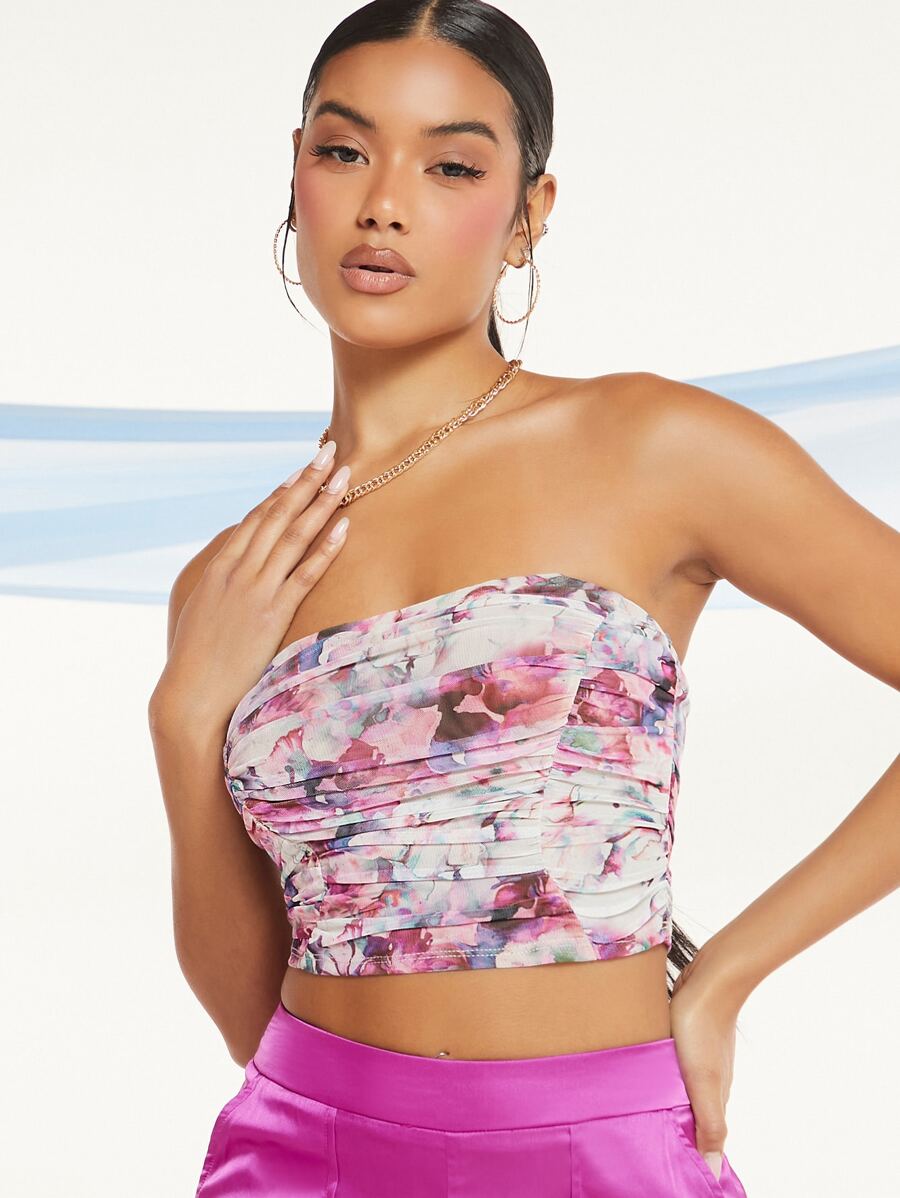 SHEIN BAE Floral Print Ruched Tube Top - Multicolor - View 1