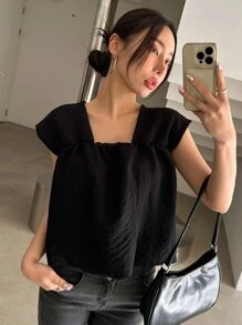 DAZY Solid Square Neck Sleeveless Blouse - Black - View 1