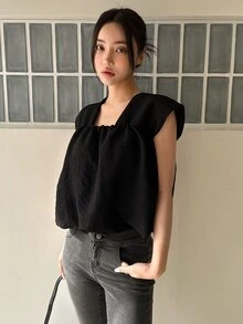 DAZY Solid Square Neck Sleeveless Blouse - Black - View 3