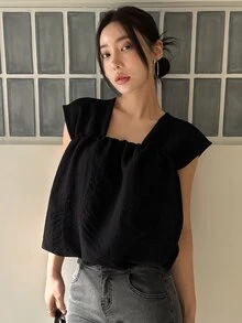 DAZY Solid Square Neck Sleeveless Blouse - Black - View 4