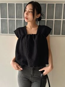 DAZY Solid Square Neck Sleeveless Blouse - Black - View 6