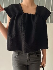 DAZY Solid Square Neck Sleeveless Blouse - Black - View 7