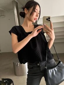 DAZY Solid Square Neck Sleeveless Blouse - Black - View 8