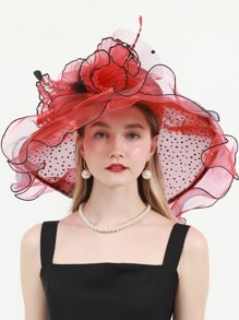 HIMESPORT Red Ladies Fascinator Hats Dots Wedding Bridal Kentucky Derby Hats For Women Flower Hats Large Wide Brim Fedora Organza Hat - Red - View 2