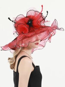 HIMESPORT Red Ladies Fascinator Hats Dots Wedding Bridal Kentucky Derby Hats For Women Flower Hats Large Wide Brim Fedora Organza Hat - Red - View 3